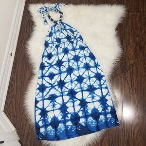 Boston Proper Blue White Tie Dyed Shibori Print Breaded Halter Dress Size 2